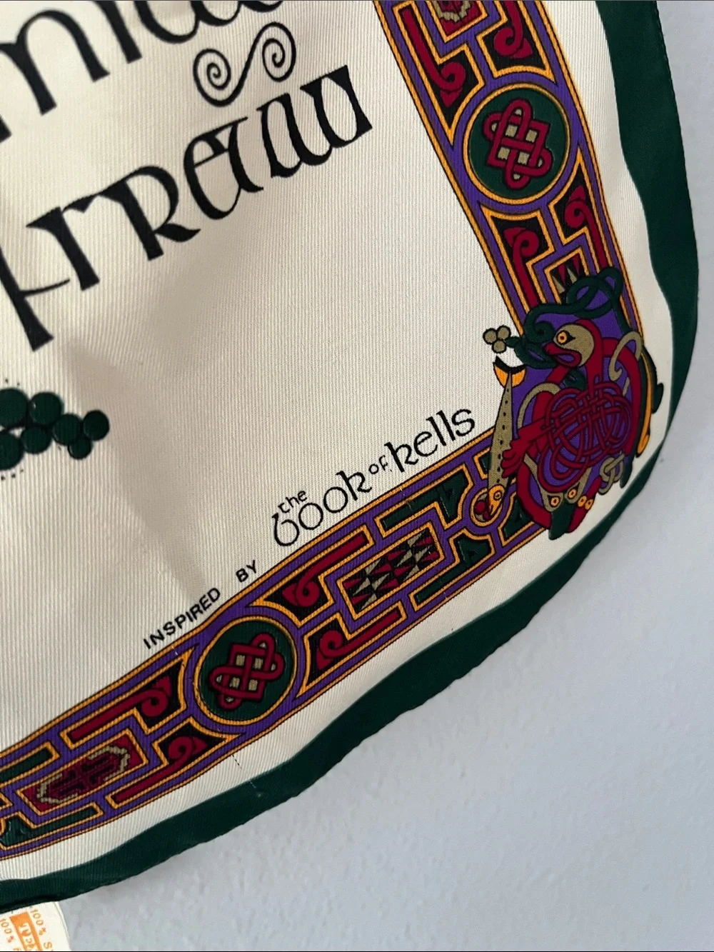 Irish Inspired Cream Scarf with Green Border and Multicolor Celtic Motif
